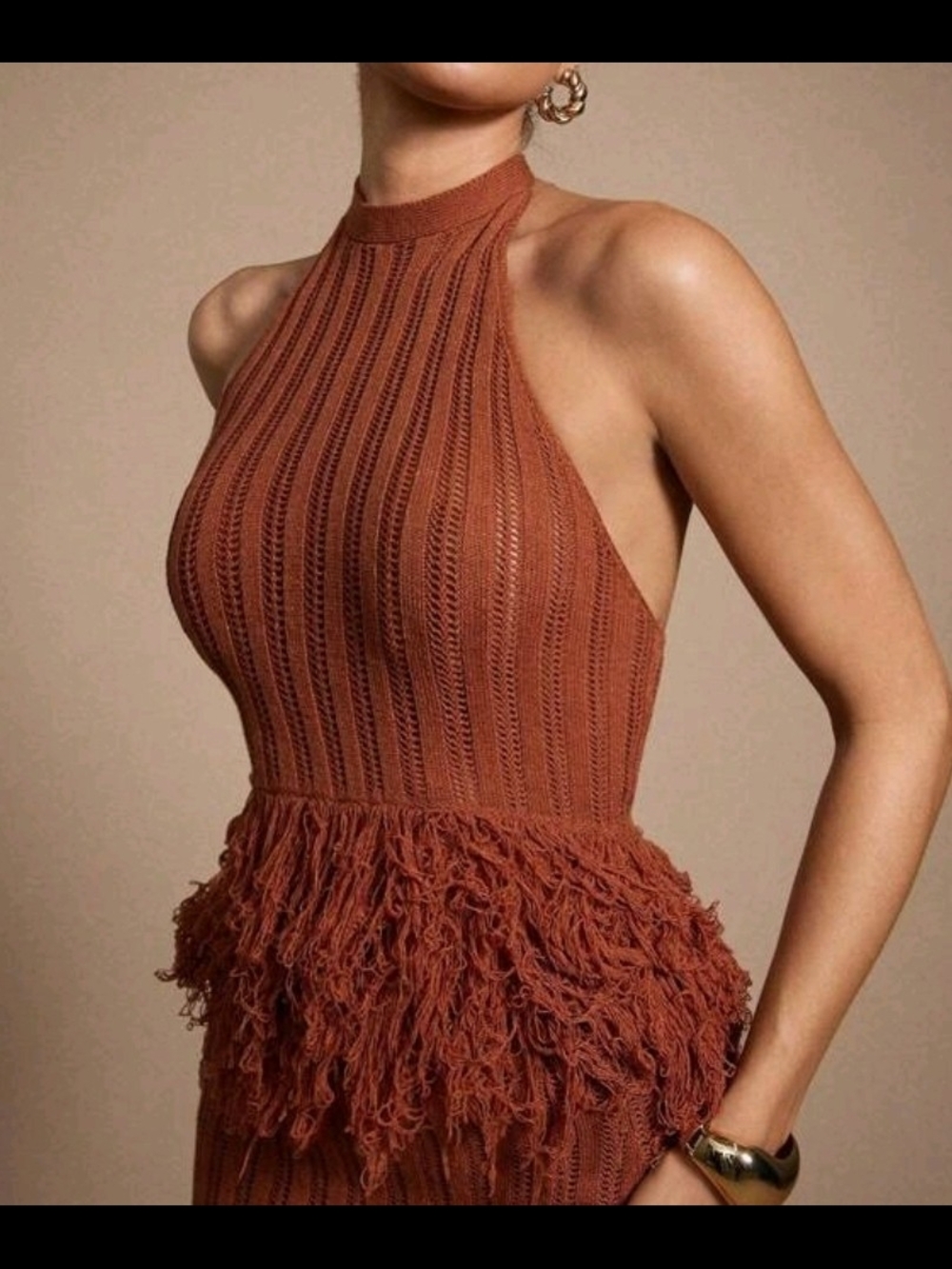 Rust Knit Halter Dress with Fringed Waist